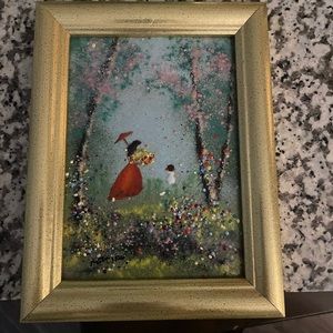 Adorable enamel on copper picture in gold wood frame